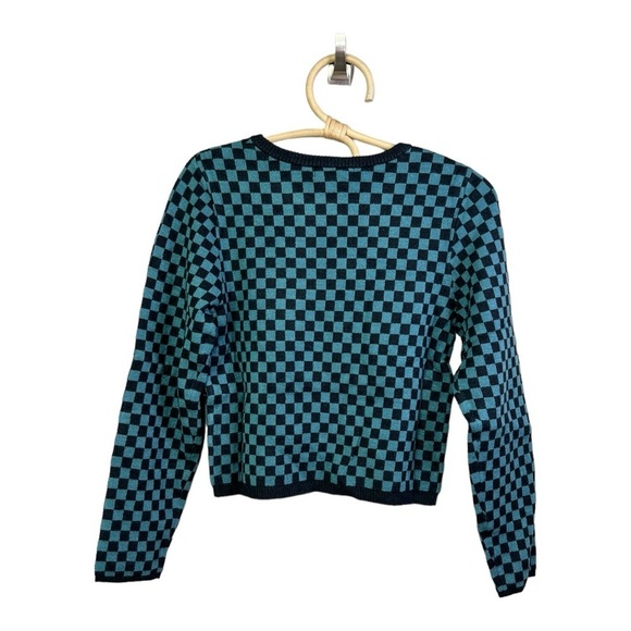 Daydreamers Teal Green Black Checker Pullover Long Sleeve Sweater Size L NEW - Picture 4 of 15